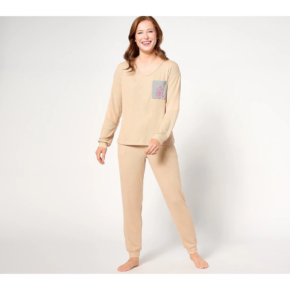 MUK LUKS Waffle & Ribbed Knit Decal Lounge Set Camel 1X A632307